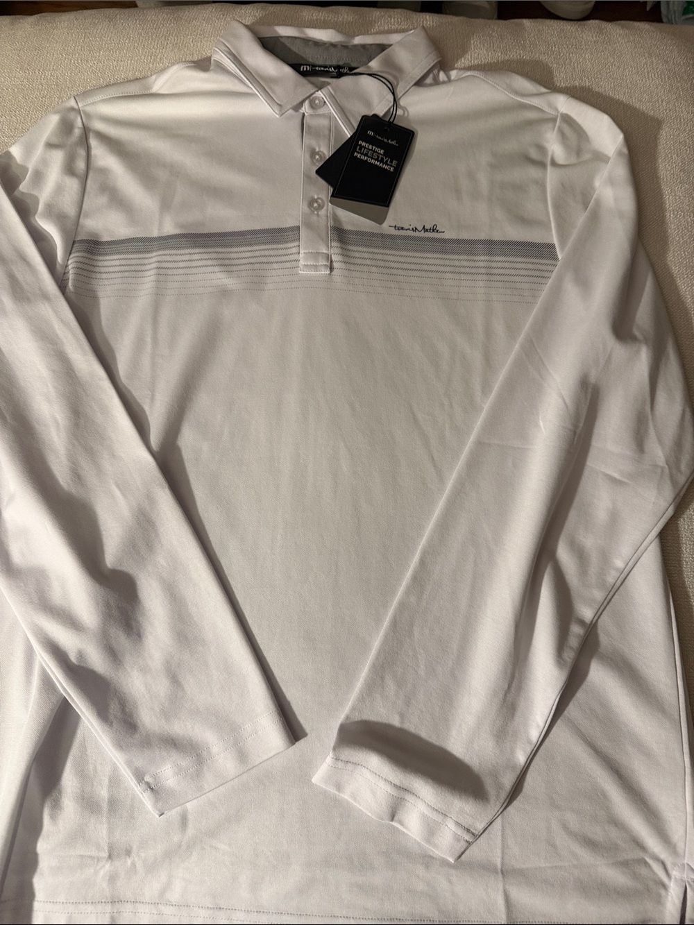 NWT Travis Mathew White Long-Sleeve Polo with Gray Stripe